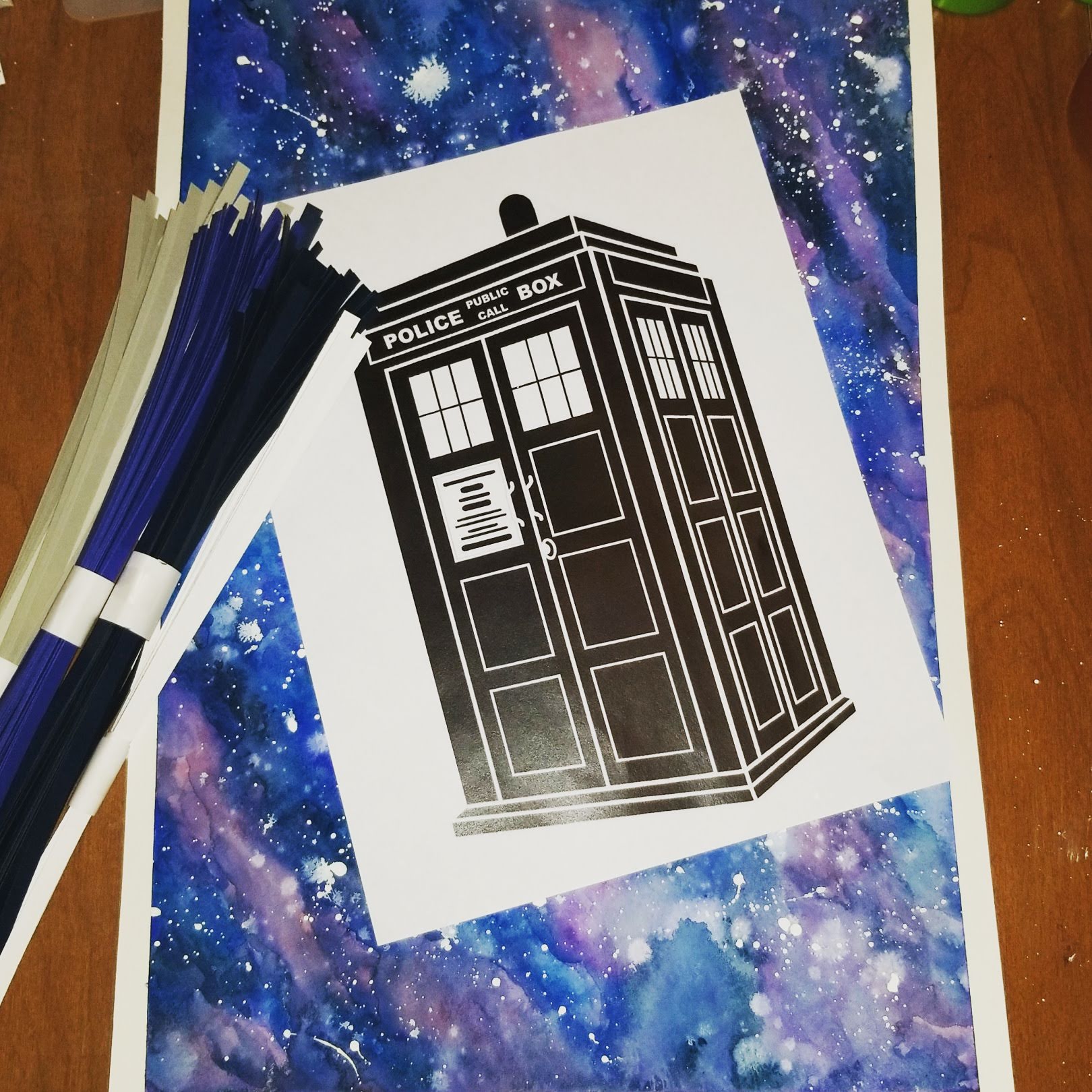 Quilled Wall Art - Dr. Who Tardis - 8 x 10 in store framed art, Watercolor Galaxy, Hand Painted, Custom Gift